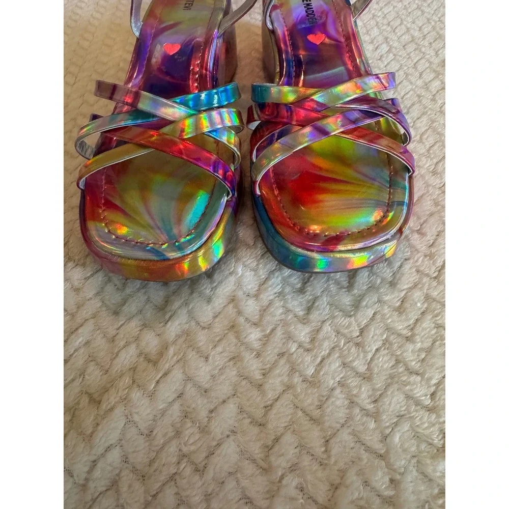 Steve Madden JORAZY Holographic Rainbow Platform Sandals Multi Strap Wedge 5